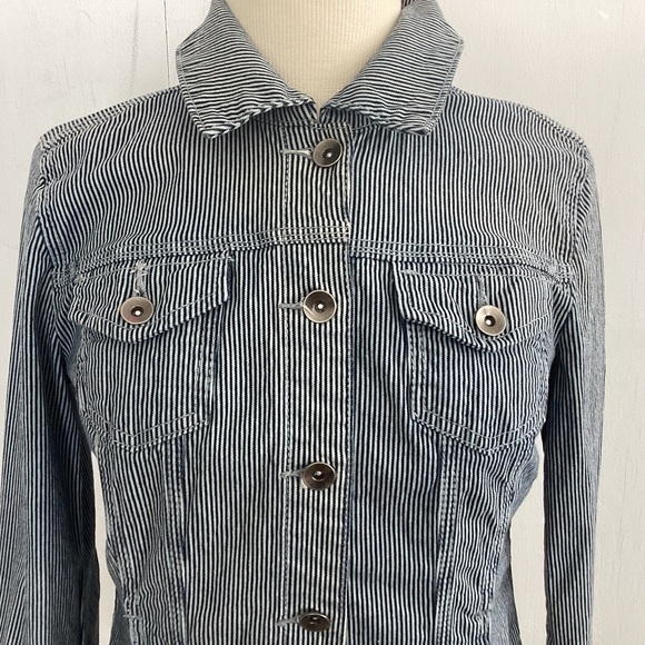 BACCINI  vintage Denim Cotton Stretch Engineer Striped JEAN JACKET size Medium - Picture 3 of 8